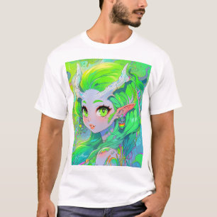 T-shirt Cute Green Horned Wood Elf Anime Girl