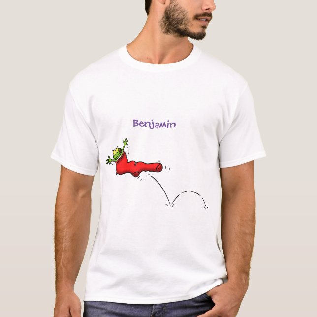 T-shirt Cute grenouille dans une chaussette rouge saut de  (Devant)