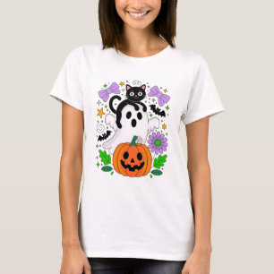 T-shirt Cute Halloween Chat Noir Fantôme et Art Citrouille