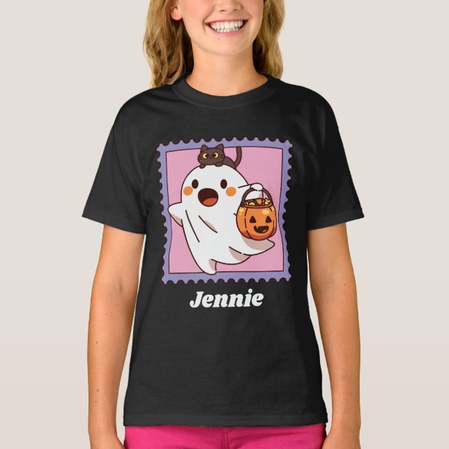 T-shirt Cute Halloween Ghost Black Cat Pumpkin Add Name (Devant)