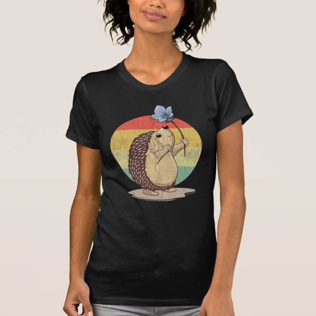 T-shirt Cute Hedgehog Retro Flower Sunset Animal d'automne (Devant)