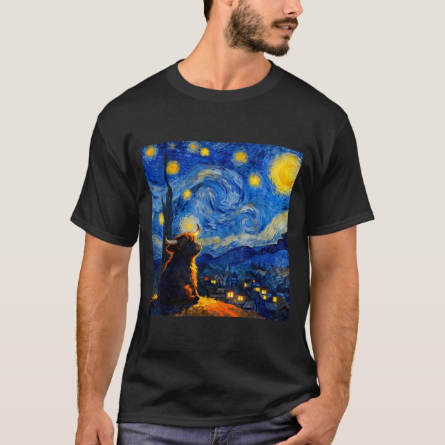 T-shirt Cute Highland Baby Cow Graphic Van Gogh Style Star (Devant)