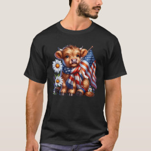T-shirt Cute Highland Cow Flores 4 juillet USA Flag Pat