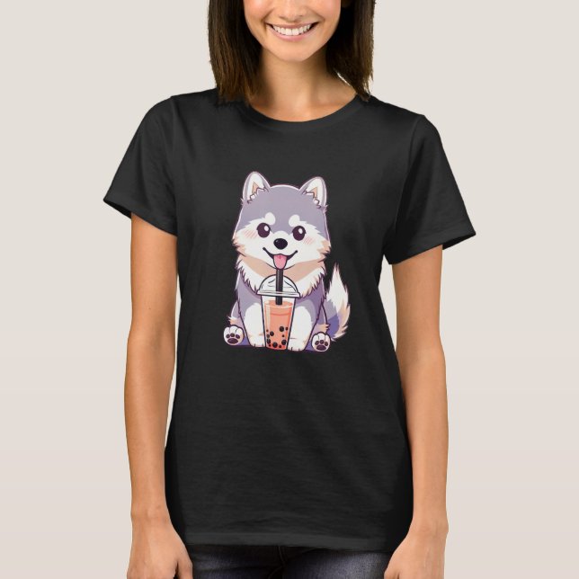 T-shirt Cute Husky Dog Drinking Bubble Milk Tea  Dog (Devant)