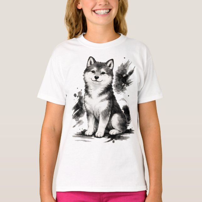 T-shirt 【Cute Husky Japanese Ink Art Girls T-Shirt】 (Devant)