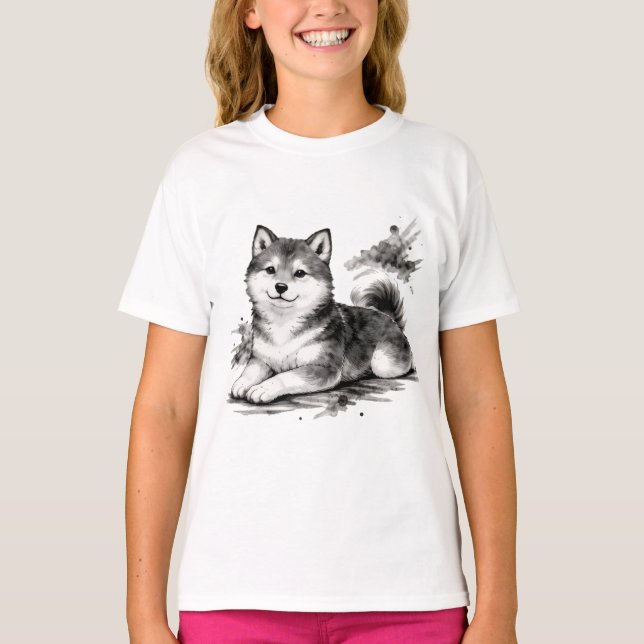 T-shirt 【Cute Husky Puppy Japanese Ink Art Girls T-Shirt】 (Devant)
