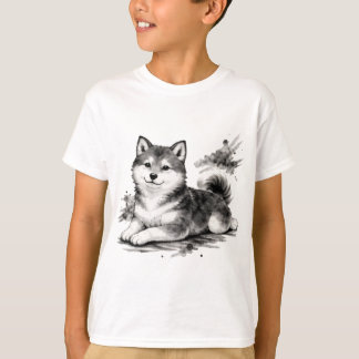 T-shirt 【Cute Husky Puppy Japanese Ink Art Kids T-Shirt】