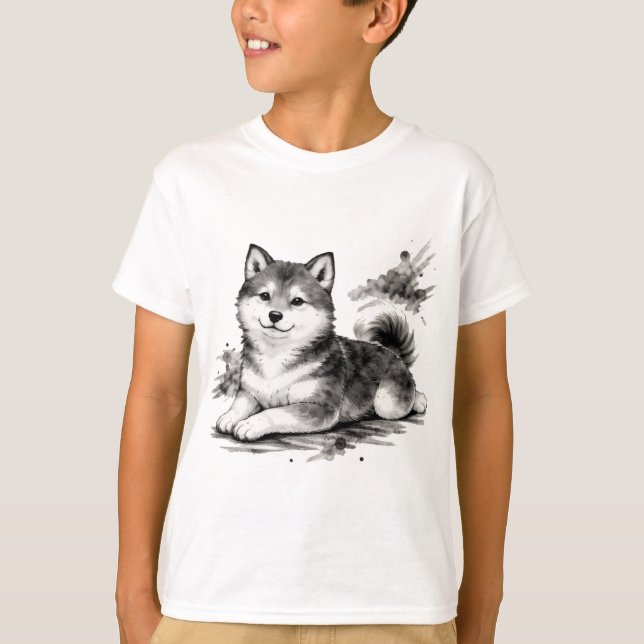 T-shirt 【Cute Husky Puppy Japanese Ink Art Kids T-Shirt】 (Devant)