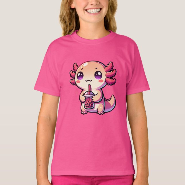 T-shirt Cute Kawaii Axolotl avec thé à bulle (Devant)