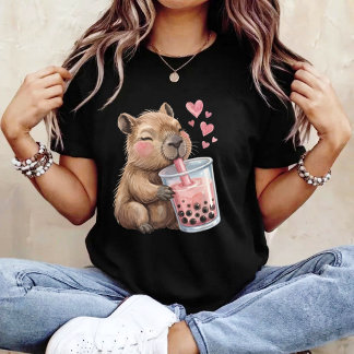 T-shirt Cute Kawaii Capybara Drink Boba Bubble Tea Kawaii