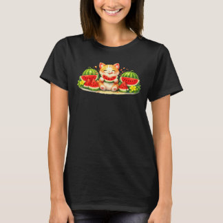 T-shirt Cute Kawaii Cat Eating Watermelon Illustration