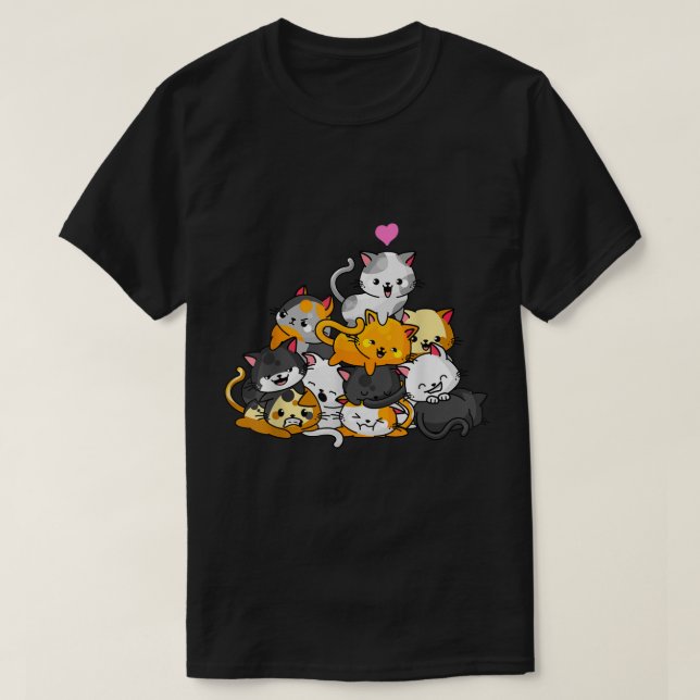 T-shirt Cute Kawaii Cat Pile Cartoon Design (Design devant)