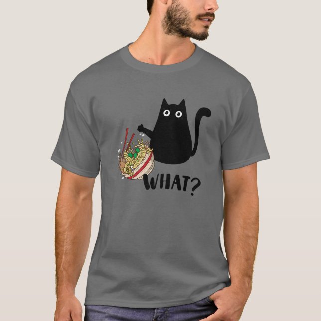 T-shirt Cute Kawaii Cat "What?" Ramen Japanese Food Men, W (Devant)