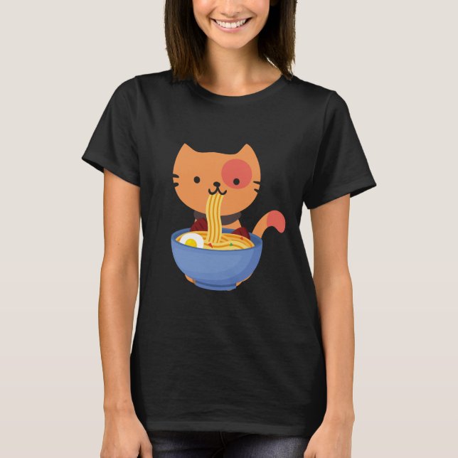 T-shirt Cute Kawaii Chat manger Ramen Noodle Bowl (Devant)