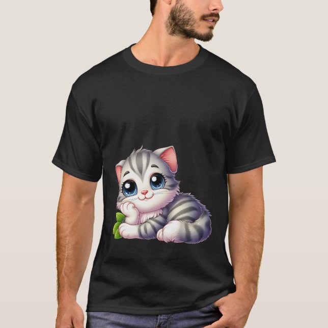 T-shirt Cute Kawaii Dreamy Grey Kitten Blue Eyes Cat  (Devant)