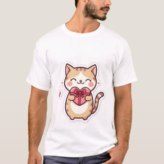 T-shirt Cute Kawaii Ginger Cat Holding Heart Gift Box  ✨💖