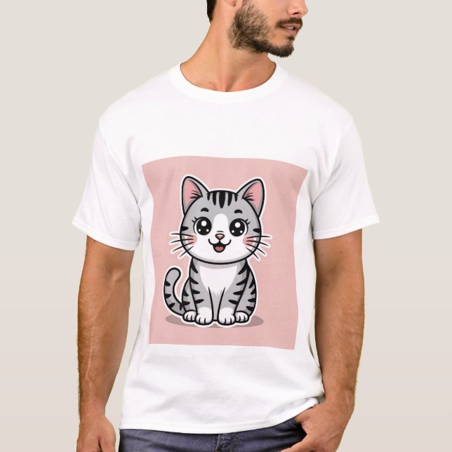T-shirt Cute Kawaii Grey Tabby Cat Smiling - Happy Kitten  (Devant)