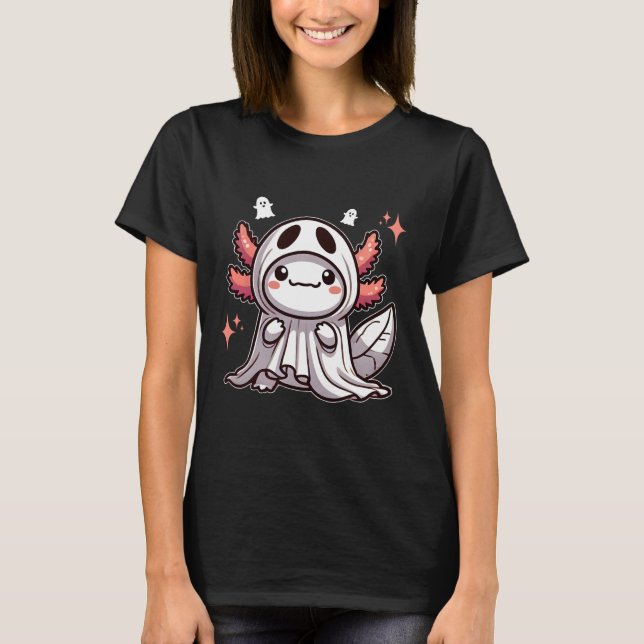 T-shirt Cute Kawaii Halloween Ghost Axolotl (Devant)