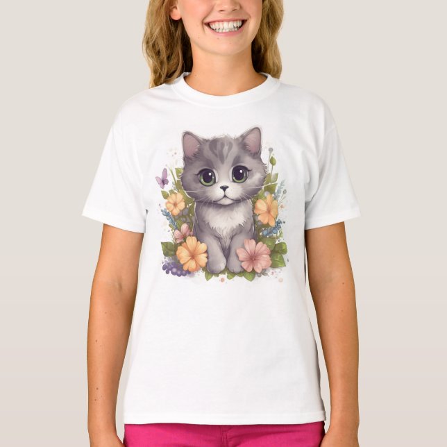 T-shirt Cute Kawaii Kitten gris avec fleurs (Devant)