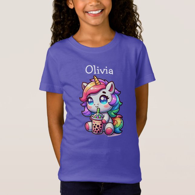 T-Shirt Cute Kawaii Unicorne avec thé bulle Personnalisé (Devant)