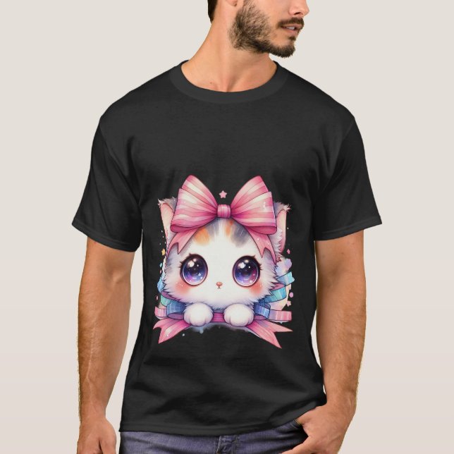 T-shirt Cute Kawaii White Kitten Pink Ribbon Bow Magic Cat (Devant)