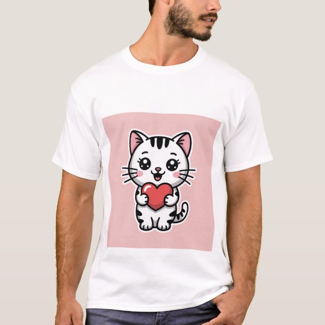 T-shirt Cute Kawaii White Tabby Cat Holding Red Heart ✨❤️ (Devant)