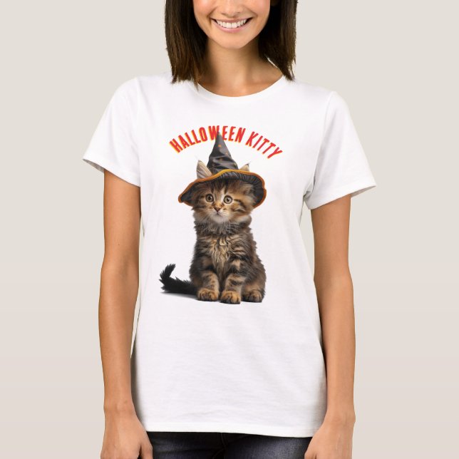 T-shirt Cute Kitten dans une sorcière Casquette Halloween (Devant)