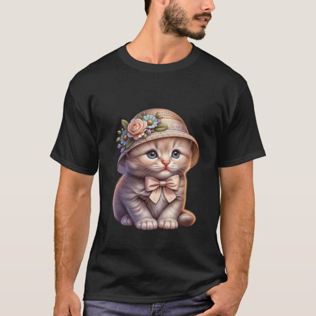 T-shirt Cute Kitten in Floral Straw Hat & Bow ✨🐾👒 (Devant)
