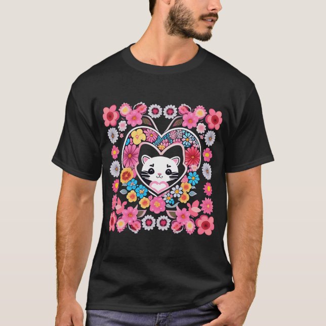 T-shirt Cute Kitty Et Fleurs (Devant)
