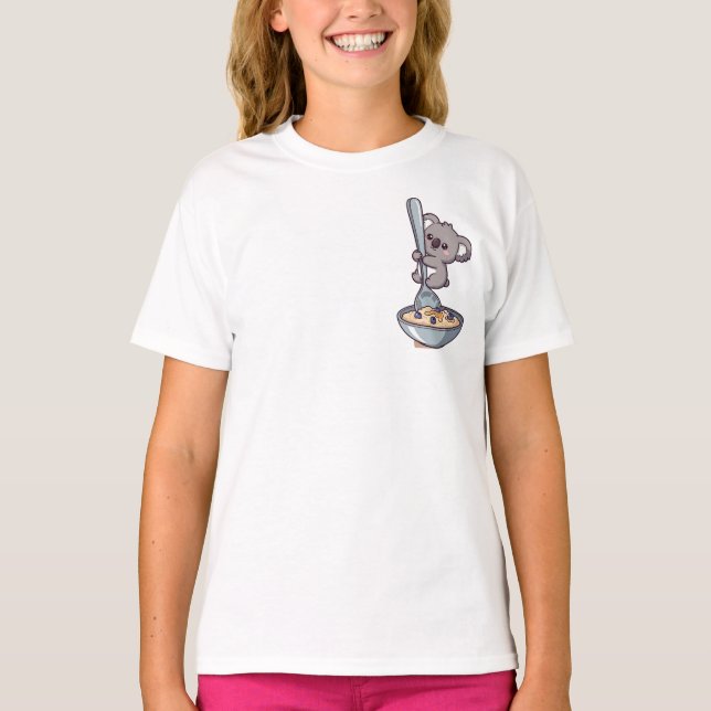 T-shirt Cute Koala Hugging Giant Spoon in Oatmeal Bowl (Devant)