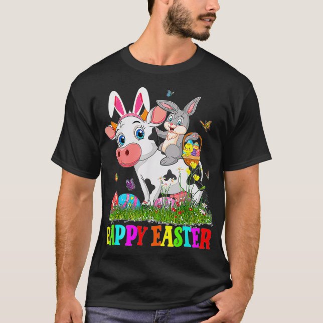 T-shirt Cute Lapin Riding Vache de Pâques Oeuf Mignonne Ra (Devant)