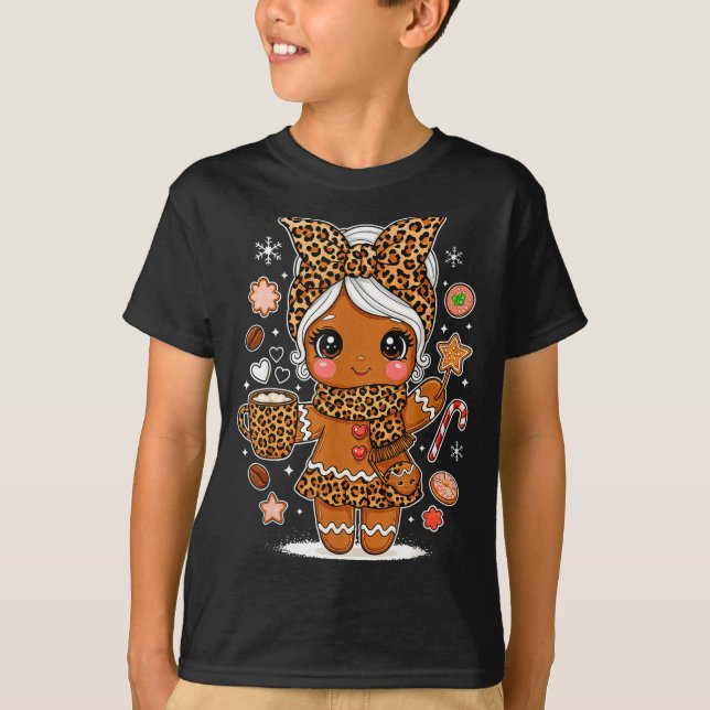 T-shirt Cute Leopard Gingerbread Girl Coquette Bow Holiday (Devant)