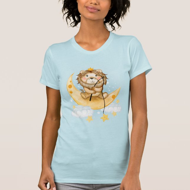 T-shirt Cute Lion Pêche sur l'aquarelle de la lune (Devant)