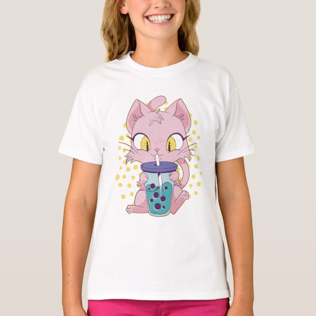 T-shirt Cute manga chat boire du boba tea (Devant)