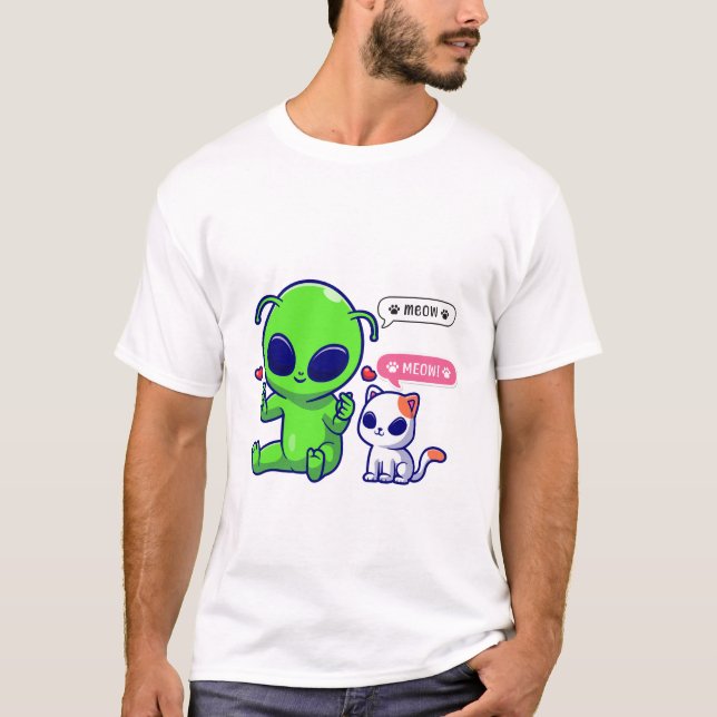 T-SHIRT CUTE MEOW CAT AVEC ALIEN (Devant)