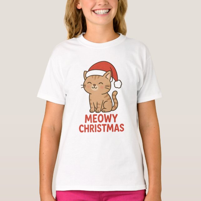 T-shirt Cute Meowy Christmas Cat Santa Hat (Devant)