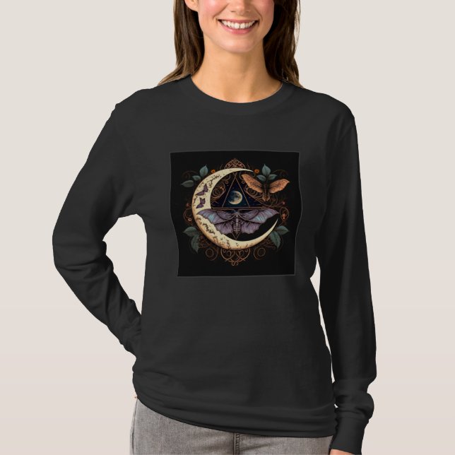 T-shirt Cute Moth Butterfly Moon Illustration Flowers Wome (Devant)