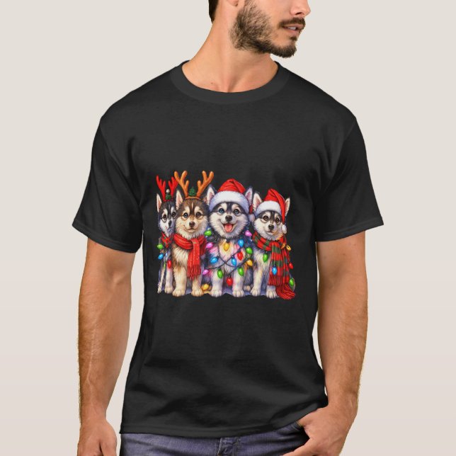 T-shirt Cute Msky Christmas Dogs With Lights Long Sleeve  (Devant)