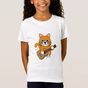 T-Shirt Cute Orange Chat Blanc Jouer Caricature Guitare