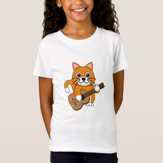 T-Shirt Cute Orange Chat Blanc Jouer Caricature Guitare (Devant)