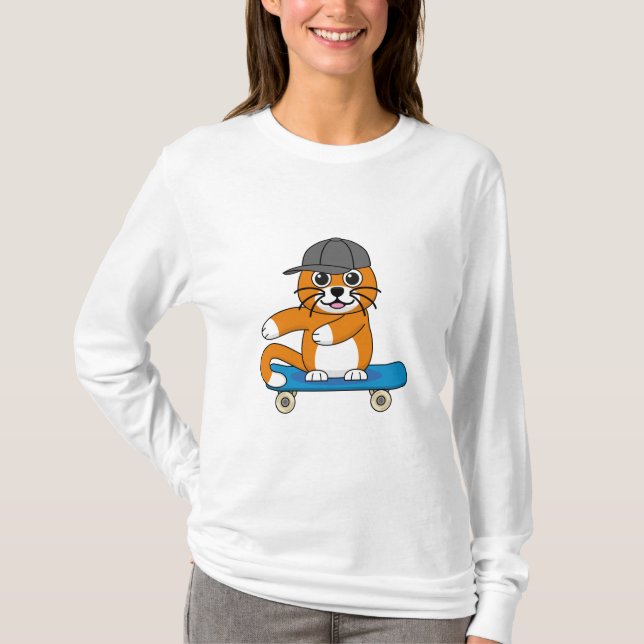T-shirt Cute Orange Chat sur Skateboard Cartoon (Devant)
