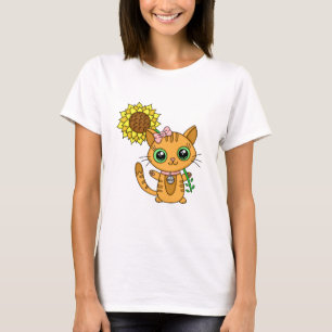 T-shirt Cute Orange Kawaii Chat avec tournesol