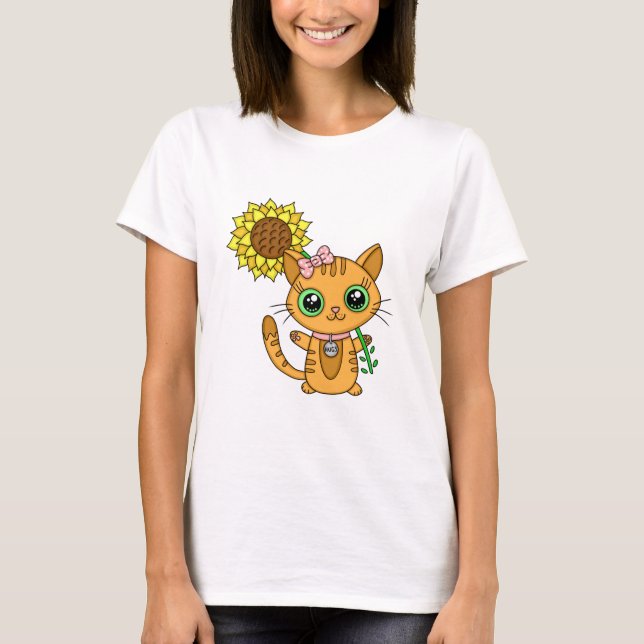 T-shirt Cute Orange Kawaii Chat avec tournesol (Devant)