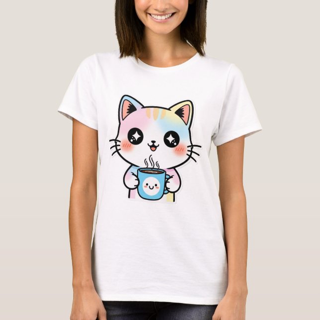 T-shirt Cute Pastel Kawaii Chat avec Stick Mug Café (Devant)