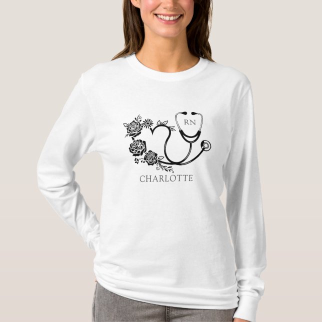 T-shirt Cute Personnalisée Stethoscope Floral Infirmière (Devant)