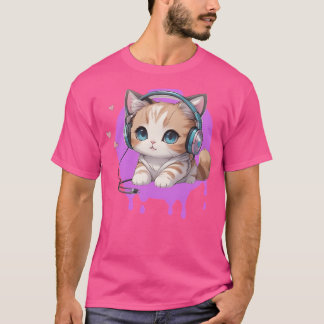 T-shirt Cute Petit Kitten Avec Casque Dans Un Kaw Anime
