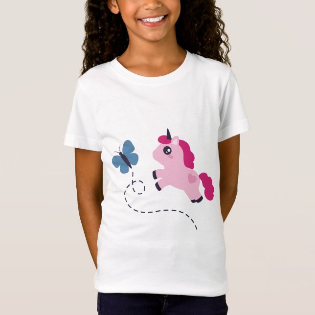T-Shirt Cute Pink Unicorn avec un Papillon (Devant)