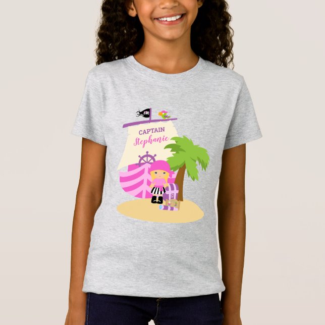 T-Shirt Cute Pirate Blonde Girl & A Big Ship Custom Name (Devant)