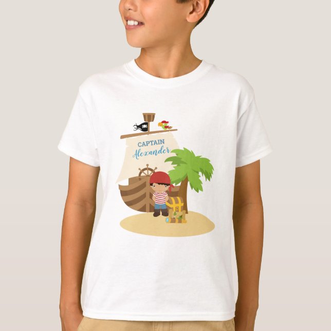 T-shirt Cute Pirate Boy & A Big Ship Custom Name (Devant)