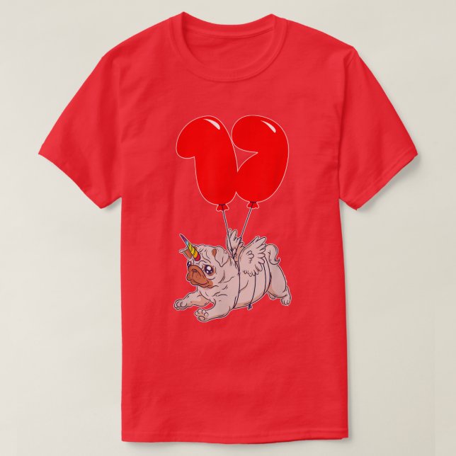 T-shirt Cute Pug Licorne  17e Anniversaire  Enfants Ballon (Design devant)
